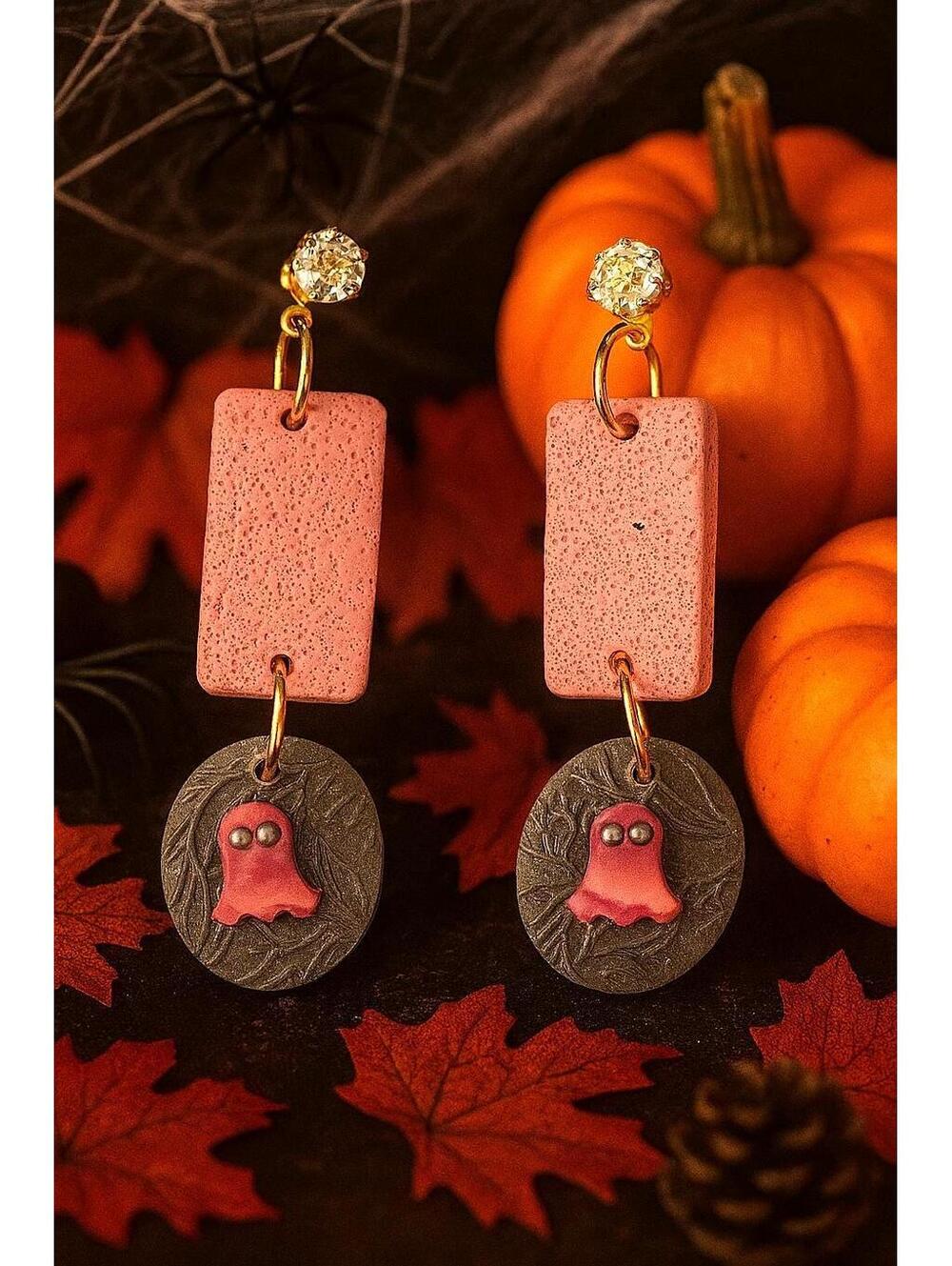 Handmade Pink Ghost Polymer Clay Halloween Dangle Earrings with Sparkling Studs